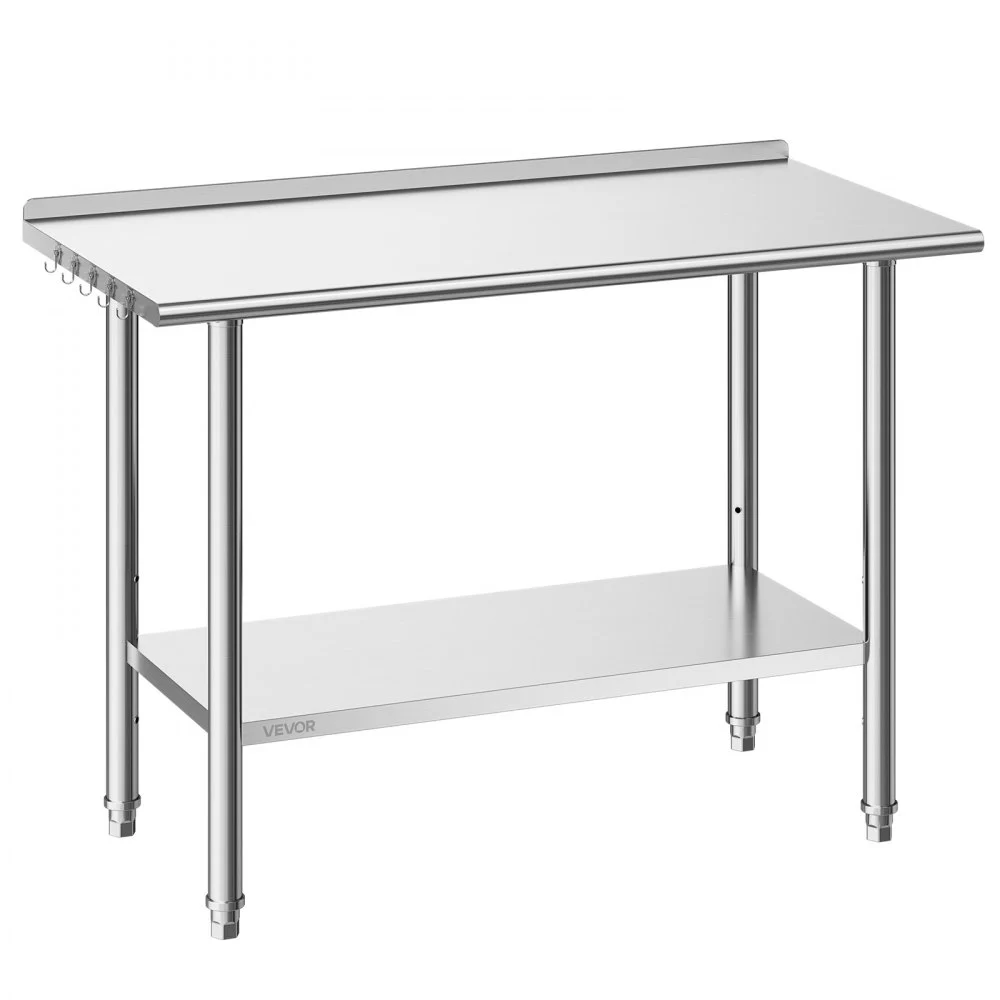 VEVOR Stainless Steel Work Table, 24x48 Inch Food Prep Table with Backsplash, Commercial Kitchen Workstation with Adjustable Undershelf, Metal Heavy Duty Utility Worktable, for Restaurant Home Outdoor