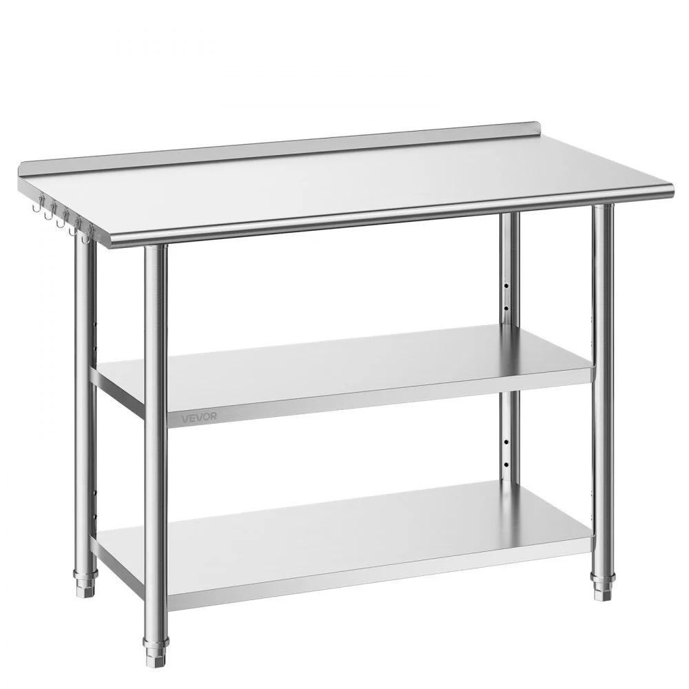 VEVOR Stainless Steel Work Table, 24x48 Inch Food Prep Table with 2 Shelves and Backsplash, Commercial Kitchen Workstation, Metal Heavy Duty Utility Worktable, for Restaurant Home Hotel Garage Outdoor