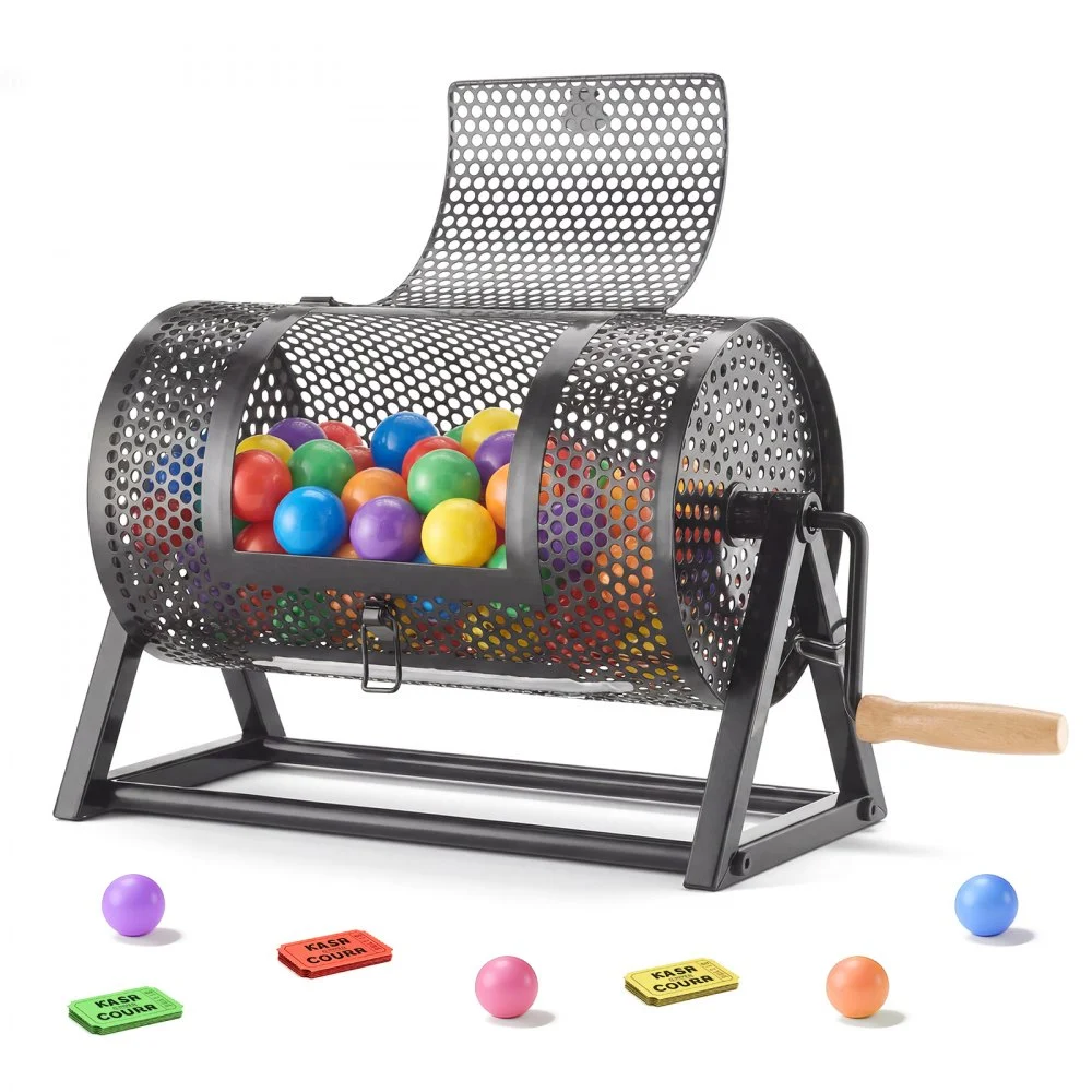 VEVOR Raffle Ticket Spinner, 11.6" x 6.6" Holds 2500 Tickets or 100 Ping Pong Balls, Raffle Drum Lottery Spinning Cage with Reinforced Handle, Stable Triangular Stand, for Events and Gatherings, Black