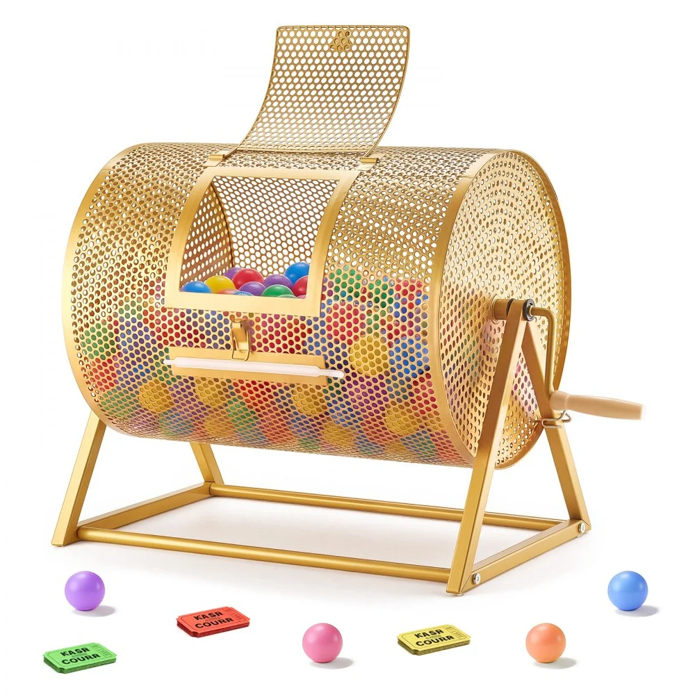 VEVOR Raffle Ticket Spinner, 16.1" x 11.9" Holds 5000 Tickets or 200 Ping Pong Balls, Raffle Drum Lottery Spinning Cage with Reinforced Handle, Stable Triangular Stand, for Events and Gatherings, Gold