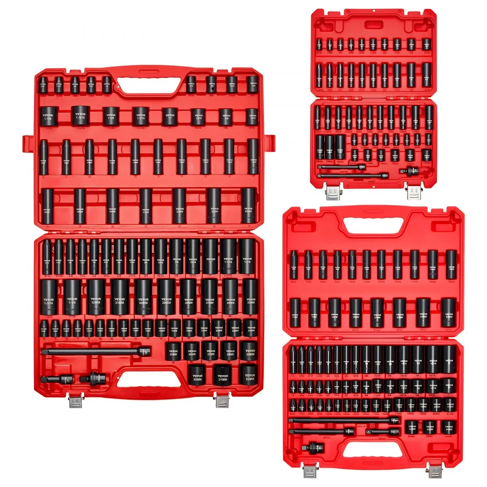Summer Sale
VEVOR 210 Piece Drive Impact Socket Set, 1/4, 3/8, 1/2 Inch, 6 Point Deep & Shallow Impact Sockets, SAE (3/16 to 1-1/4 in) and Metric (4 to 32 mm) Sizes with Extension Bars, Cr-V Steel, Carrying Case
