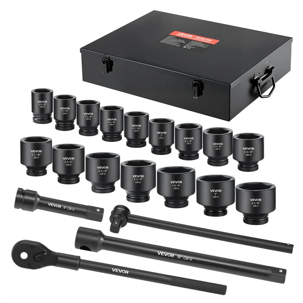 Summer Sale
VEVOR 1 in Drive Impact Socket Set, 21 Piece, 6 Point Shallow Impact Sockets, SAE (1-5/8 in to 3-1/8 in), with 8 in & 18 in Extension Bars, 24 in Ratchet, Cr-V Steel, Size Marking, and Carrying Case