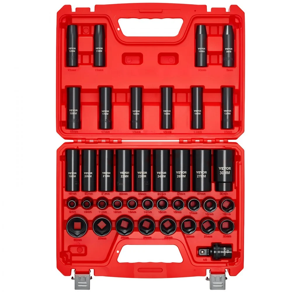 VEVOR 1/2 in Drive Impact Socket Set, 39 Piece, 6 Point Deep & Shallow Impact Sockets, Metric 9 to 30 mm, Cr-V Steel High Durability, with Universal Joint, Dual Size Markings, Heavy Duty Carrying Case