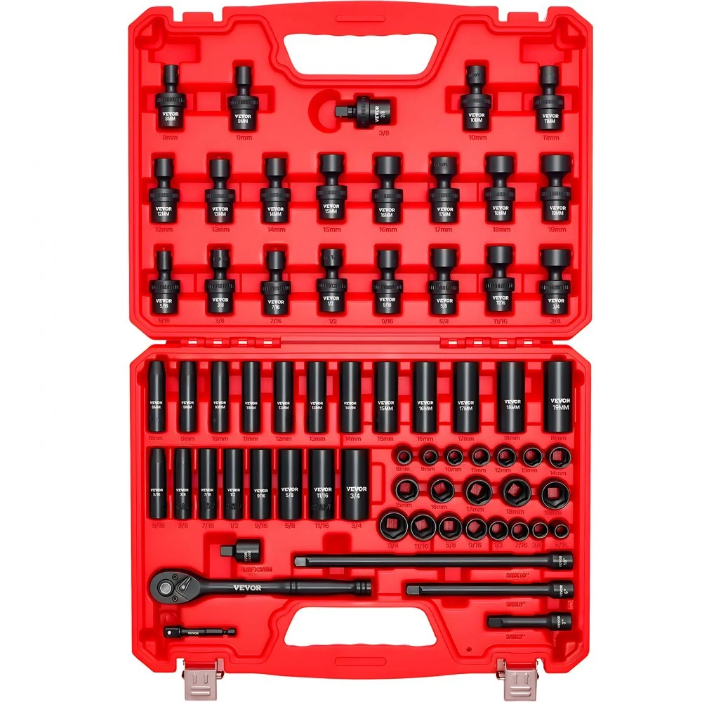 VEVOR 3/8 in Drive Impact Socket Set, 67 Piece, 6 Point Shallow & Deep Impact Sockets, SAE (5/16 in to 3/4 in) and Metric (8 mm to 19 mm), Swivel Sockets, Adapters, Cr-V & Cr-Mo Steel, Carrying Case