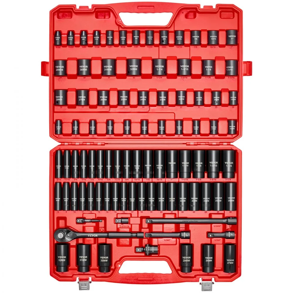VEVOR 1/2 in Drive Impact Socket Set, 91 Piece, 6 Point Deep & Shallow Impact Sockets, SAE (5/16 to 1-1/4 in) and Metric (8 to 32 mm) Sizes with Extension Bars (3, 5, 10 in), Cr-V Steel, Carrying Case