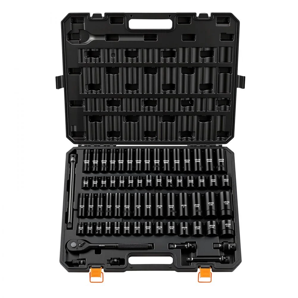 VEVOR Impact Socket Set, 1/2" Drive, 65-Piece Socket Set, 6 Point Sockets, SAE 3/8" to 1-1/4" and Metric 10-24 mm, Easy to Identify, with a Sturdy Storage Case, Cr-V Alloy Steel for Vehicles Repair