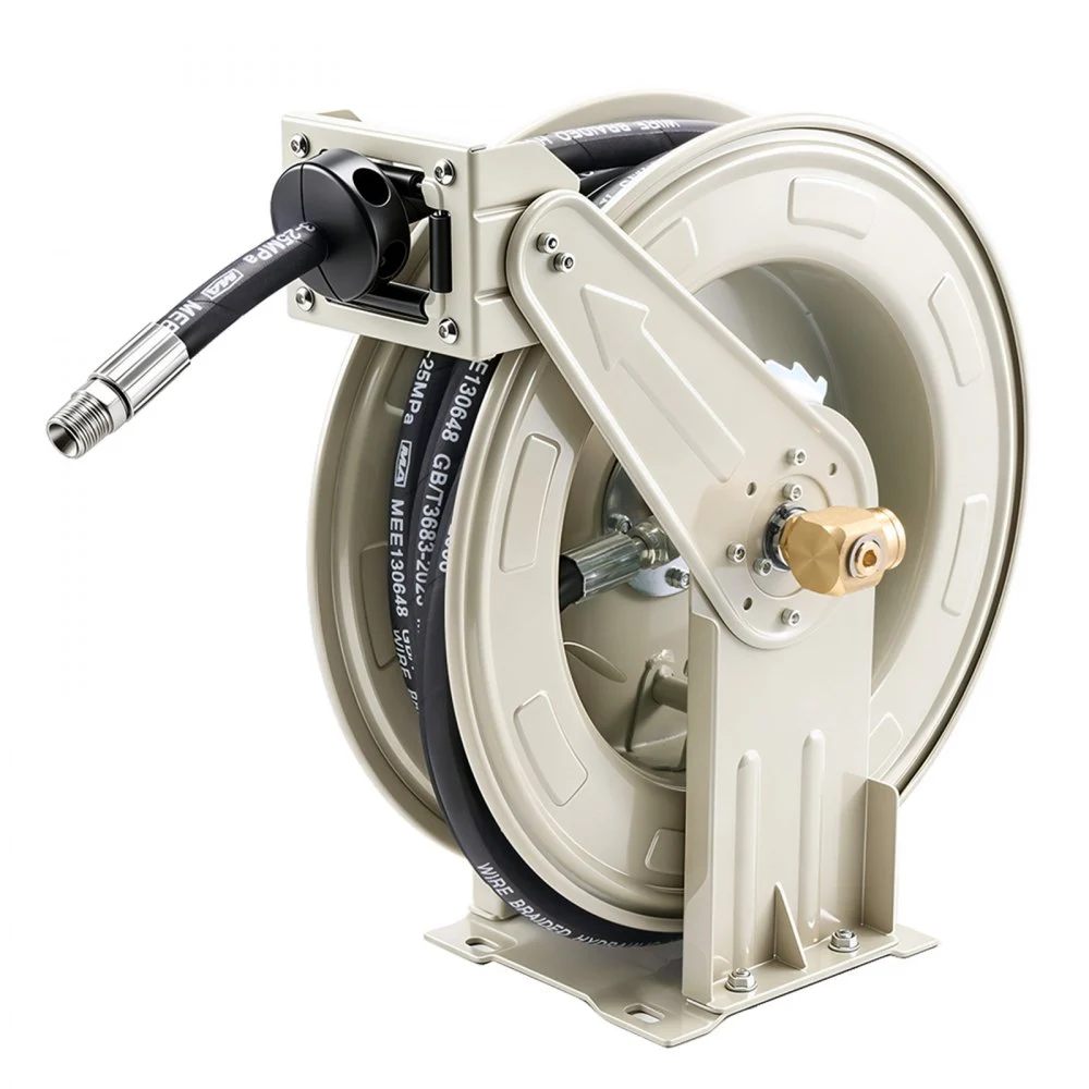 VEVOR Oil Hose Reel, 1/2 inch x 33 ft Retractable, Spring Driven Auto Swivel Rewind, Max 3625 PSI, Heavy-Duty Carbon Steel Construction with Steel Wire Braided Hose, for Engine / Gear / Hydraulic Oil