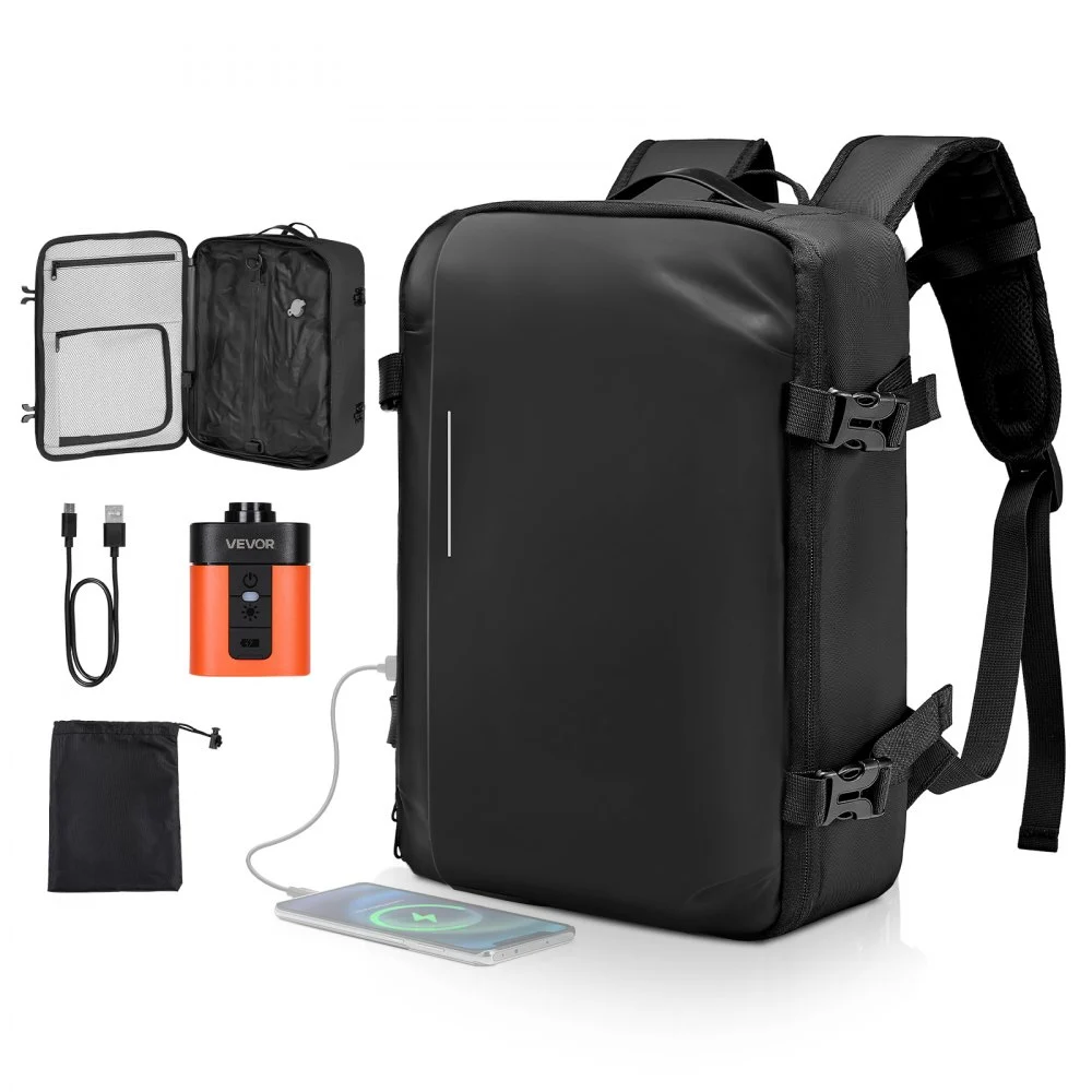 VEVOR Vacuum Travel Backpack, 35L, Vacuum Seal Compression Travel Backpack with Air Pump, Multiple Pockets & Compartments, Water-Resistant Carry-On Suitcase Luggage, Casual Personal Item Bag, Black