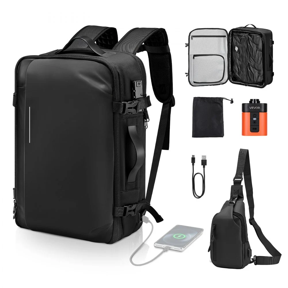 VEVOR Vacuum Travel Backpack, 65L, Expandable Vacuum Seal Compression Travel Backpack with Pump, with TSA-Approved Lock, Airback Vacpack, Water-Resistant Carry-On Suitcase Luggage, for Business, Black