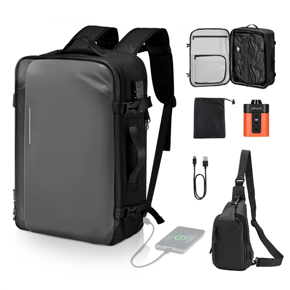 VEVOR Vacuum Travel Backpack, 65L, Expandable Vacuum Seal Compression Travel Backpack with Pump, with TSA-Approved Lock, Airback Vacpack, Water-Resistant Carry-On Suitcase Luggage, for Business, Gray