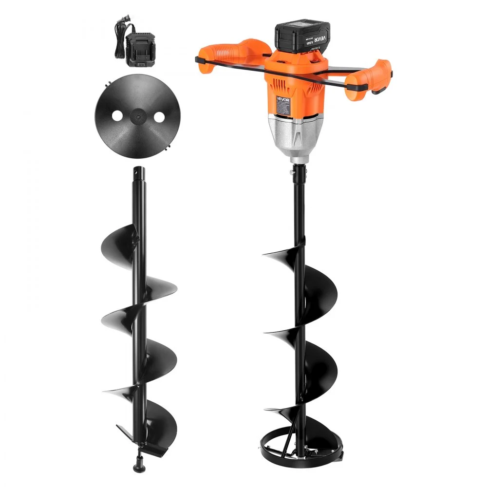 VEVOR 20V Electric Ice Auger, 8 inch Diameter, 2 in 1 Cordless Ice Fishing Augers and Earth Auger with Ices & Earth Drill Bit, Cold-Resistant Post Hole Digger, Turbo High-Speed Cutting System