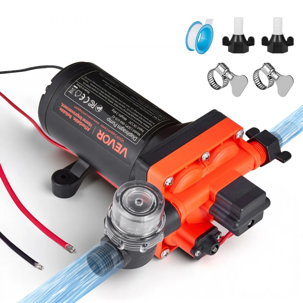VEVOR RV Water Pump, 12V DC 6 GPM (22.7 L/min), 4-Chamber Self-Priming Diaphragm Water Pump with Automatic Pressure Switch, 70 PSI Max Pressure, On Demand for RV, Caravan, Marine, Yacht, Car Washing