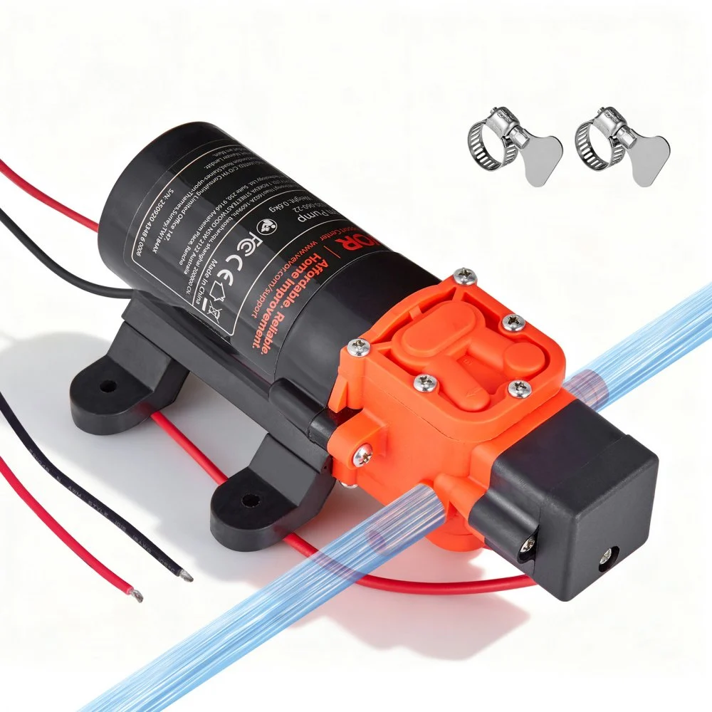 VEVOR Water Pressure Pump, 12V DC 1.2 GPM (4.5 L/min), 2-Chamber Self-Priming Diaphragm Water Pump with 2 Hose Clamps, 80 PSI Max Pressure, Quiet Operation, for RV, Caravan, Marine, Garden Irrigation