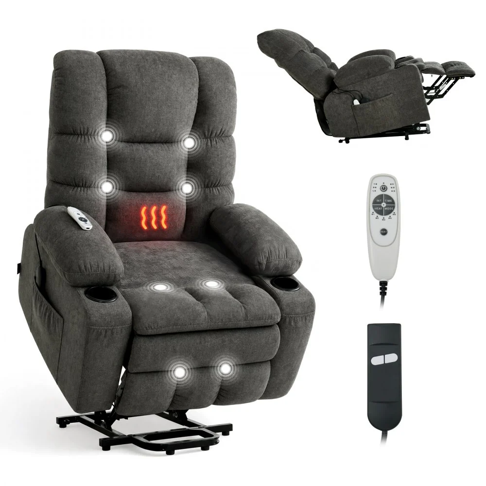 VEVOR Power Lift Recliner Chair, Large Electric Lift Chair with Heat and Massage for Elderly, Infinite Position Adjustment, Chenille Fabric, with Side Pockets, Cup Holders and USB Port, Dark Gray