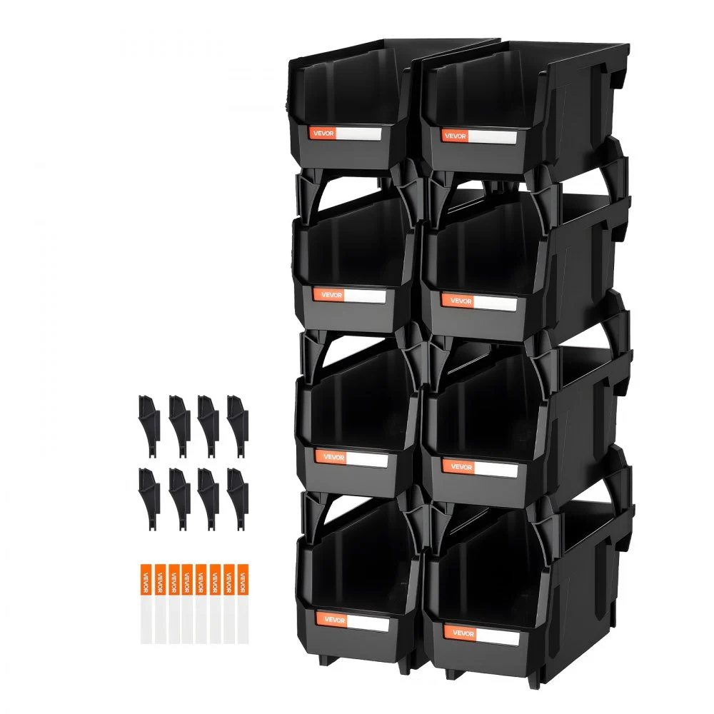 VEVOR Plastic Stackable Storage Bins, 10.9 x 5.5 x 5.1 inch (8 Pack), Plastic Containers for Organizing and Storage Bins for Closet, Garage, Small Parts, Office Supplies and Other Accessories, Black