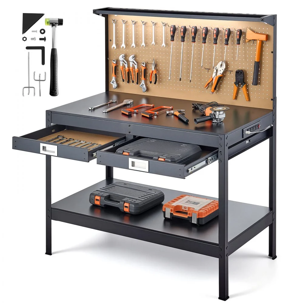 VEVOR Hardwood Workbench, 242.5 lbs Weight Capacity, 47.2-inch Heavy Duty Workbench with Pegboard, 4 AC Outlets & 2 USB Ports, 4.9 ft Cable & 30 Hooks, Garage Work Bench with Drawer for Workshop