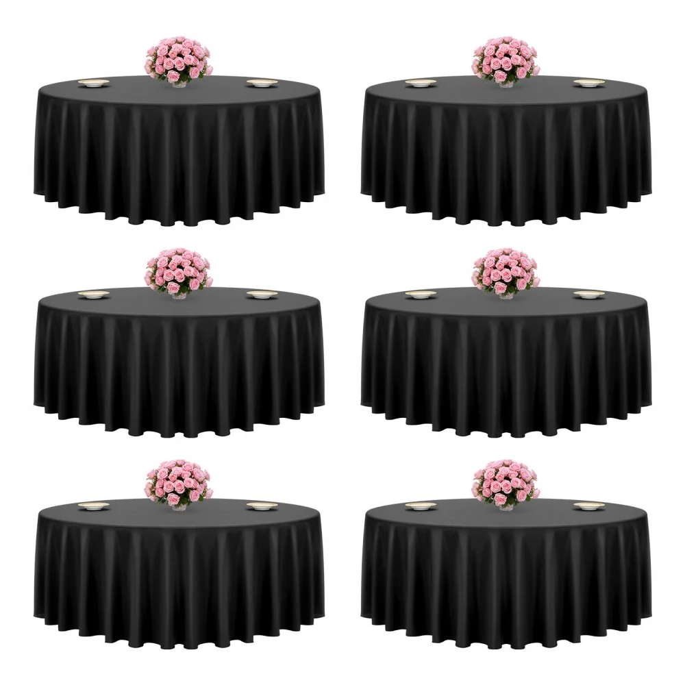 VEVOR Black Round Tablecloths 6 Pack, 120 Inches in Diameter, Stain- & Wrinkle- Resistant, Machine Washable Table Clothes, Polyester Fabric Table Covers for Wedding, Party, Banquet, Formal Events