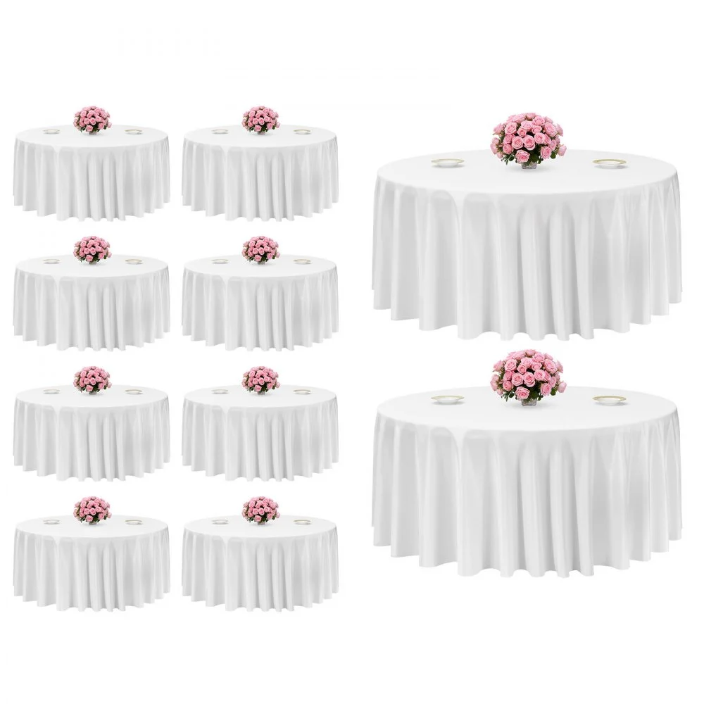VEVOR White Round Tablecloths 10 Pack, 132 Inches in Diameter, Stain- & Wrinkle- Resistant, Machine Washable Table Clothes, Polyester Fabric Table Covers for Wedding, Party, Banquet, Formal Events