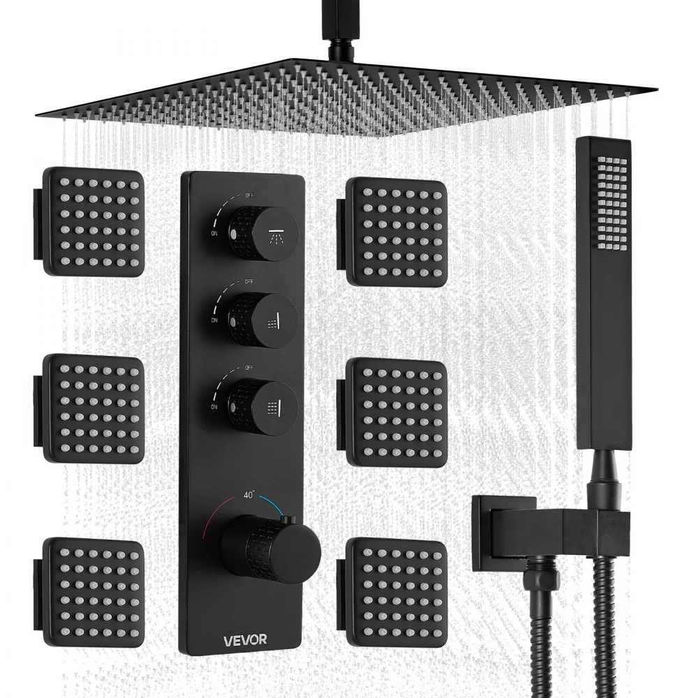Summer Sale
VEVOR Shower Faucet Set, 16 Inch Thermostatic Ceiling Mount Rainfall Shower System with 6 Body Jets and Handheld Spray, Rotatable 3-Function Rain Head Complete Brass Valve and Trim Kit, Matte Black