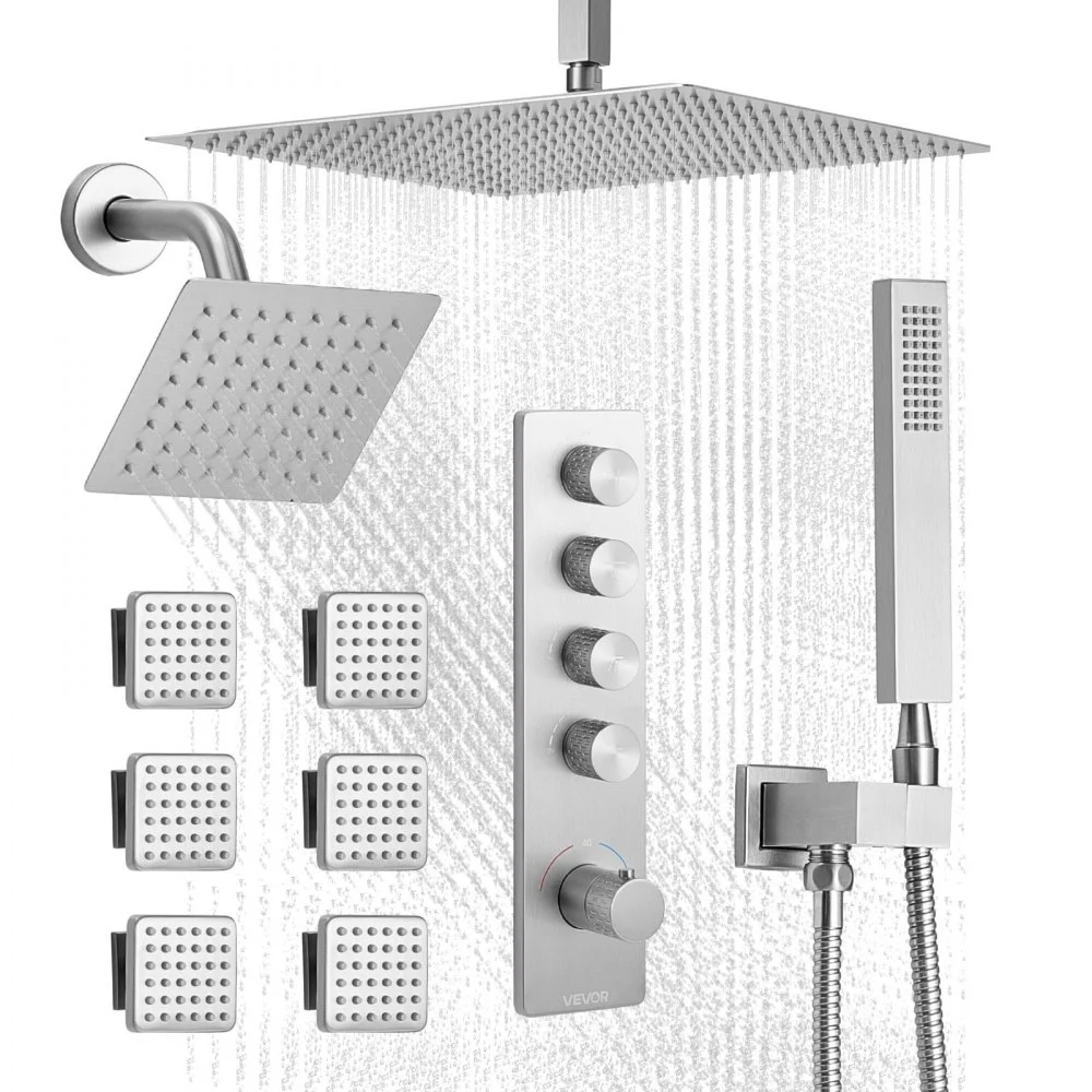 Summer Sale
VEVOR Shower Faucet Set, 16 Inch Thermostatic Ceiling Mount Rainfall Shower System with 6 Inch Wall Mount Head, 6 Body Jets and Handheld Spray, Dual Rain Head Brass Valve and Trim Kit, Brushed Nickel