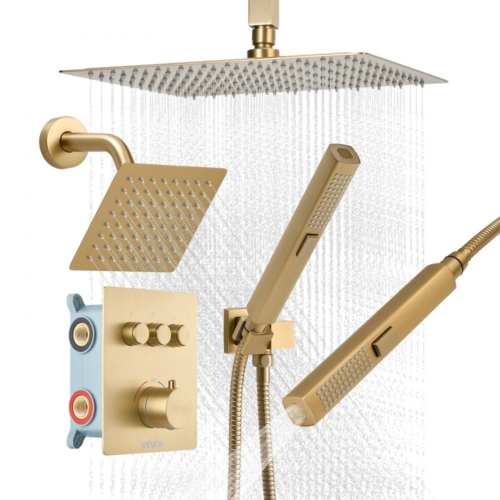 Summer Sale
VEVOR Shower Faucet Set, 12 Inch Thermostatic Ceiling Mount Rainfall Shower System with 6 Inch Wall Mount Head and 2 in 1 Handheld Spray, 3-Function Dual Rain Head Brass Valve Trim Kit, Brushed Gold
