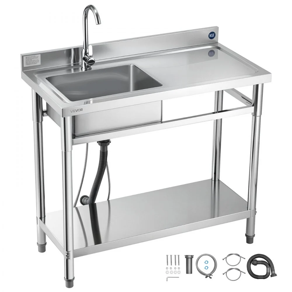 Summer Sale
VEVOR Stainless Steel Utility Sink, Free Standing Single Bowl Commercial Kitchen Sink with Faucet, 39.4 x 19.7 x 37 in, Utility Right Basin with Hot & Cold Water Pipe for Garage, Restaurant, Laundry