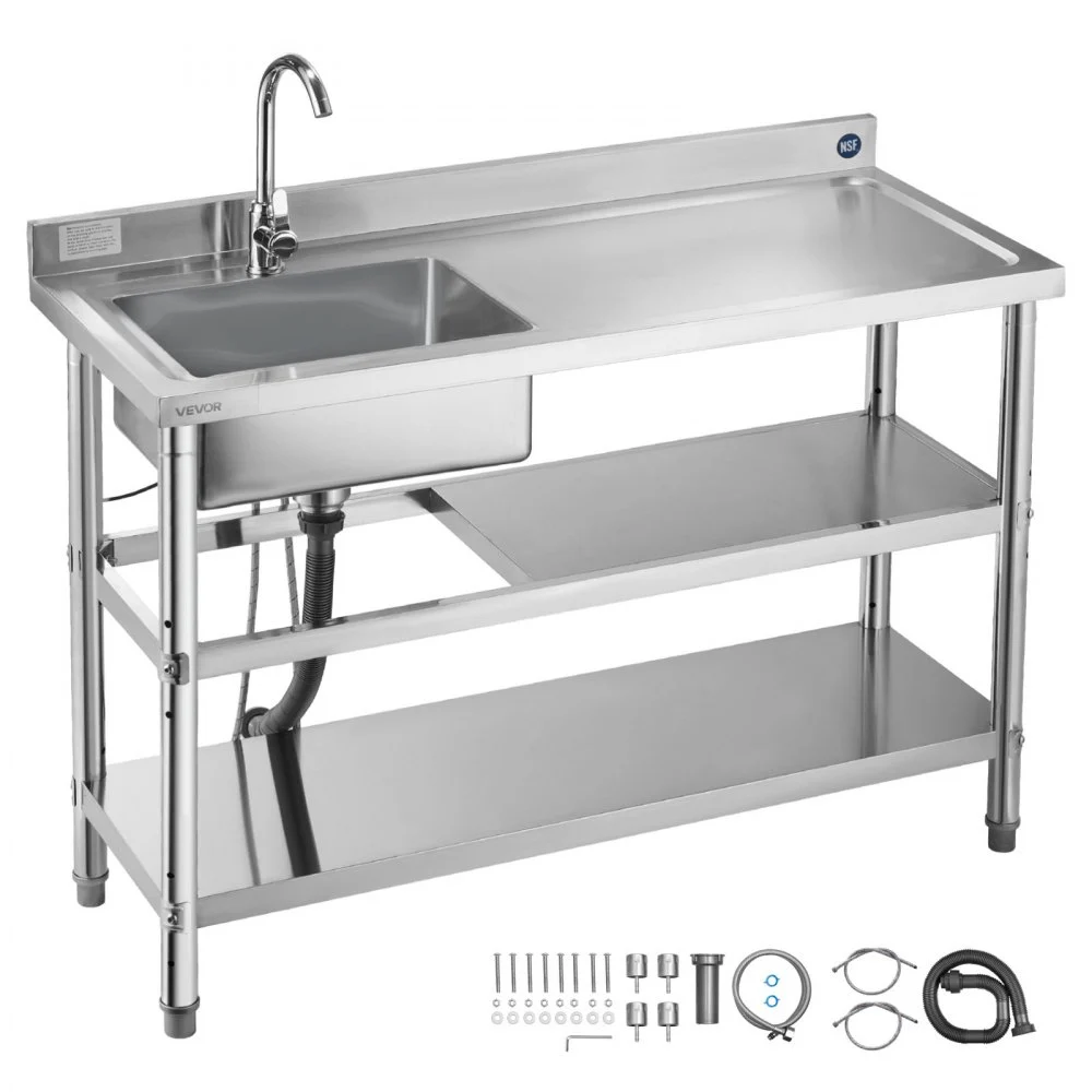 Summer Sale
VEVOR Stainless Steel Utility Sink, Free Standing Single Bowl Commercial Kitchen Sink with Faucet and Hot & Cold Water Pipe, Dual Storage Shelves for Garage, Restaurant, Laundry, 47.2 x 19.7 x 37 in