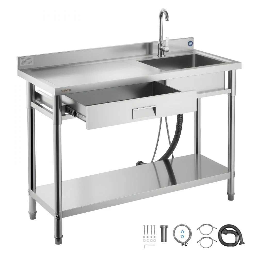 Summer Sale
VEVOR Stainless Steel Utility Sink, Rolling Single Bowl Commercial Kitchen Sink with Drawer, Faucet and Hot & Cold Water Pipe, Utility Basin for Garage, Restaurant, Laundry, 47.2 x 19.7 x 37 in