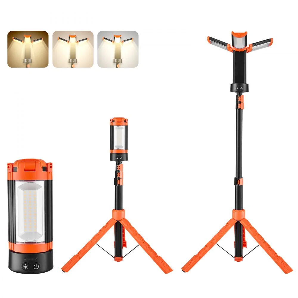 VEVOR LED Work Light with Stand, 6Ah, Rechargeable Cordless Camping Light, with 3 Lamp Heads, Detachable Tripod Stand, 2200 Lumens 3000K-6500K Dimmable, Portable Construction Lighting for Job Site