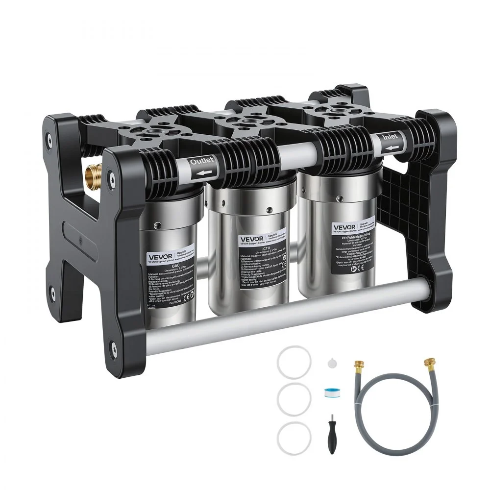 VEVOR RV Water Filter System, 5-Micron 3 Stage Premium RV Water Filtration System with Three Cartridges and 3/4" Fitting for RVs & Campers, Reduces Sediment, Chlorine, Heavy Metals, Odors and More