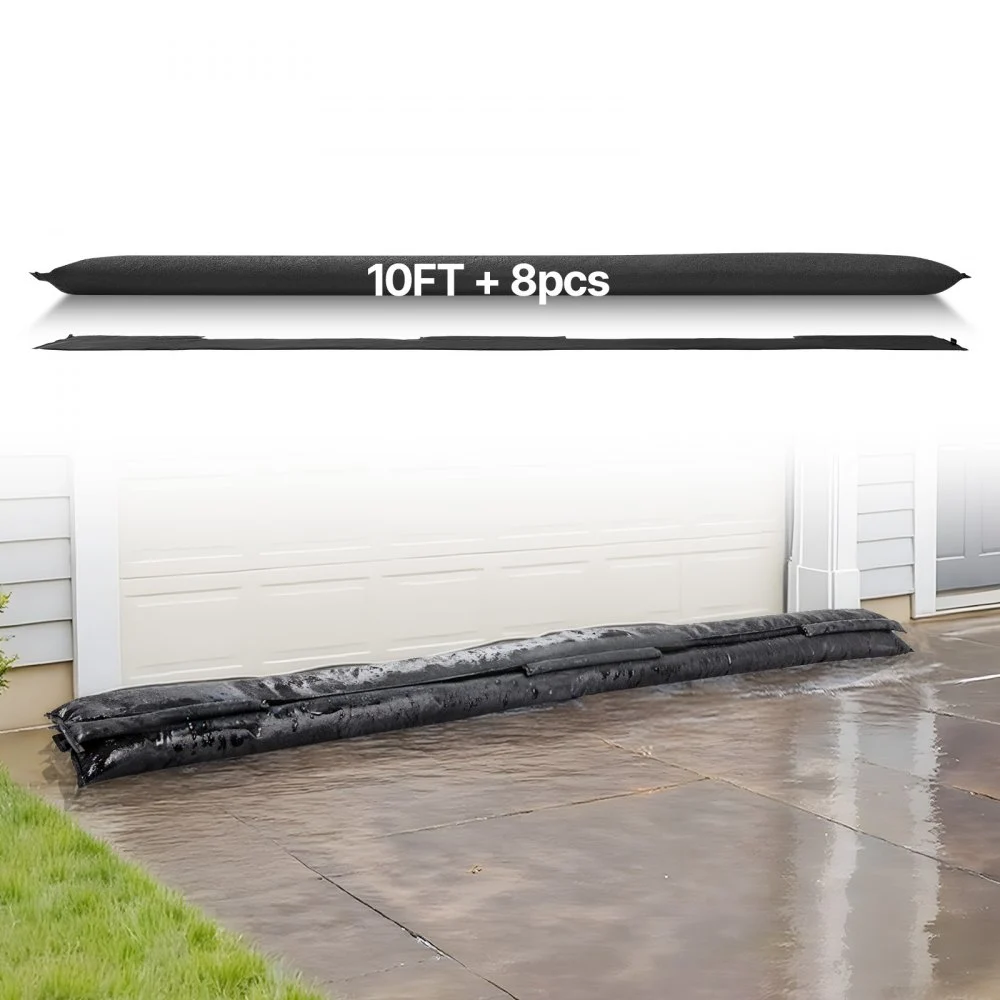 VEVOR Flood Barrier, 8 Pack, 10 x 0.7 ft Flood Bags Activated by Water, Reusable Water Absorbent Barrier, Sandless Sandbags Blockage, Flooding Prevention Bags for Home, Doorway, Basement, Garage