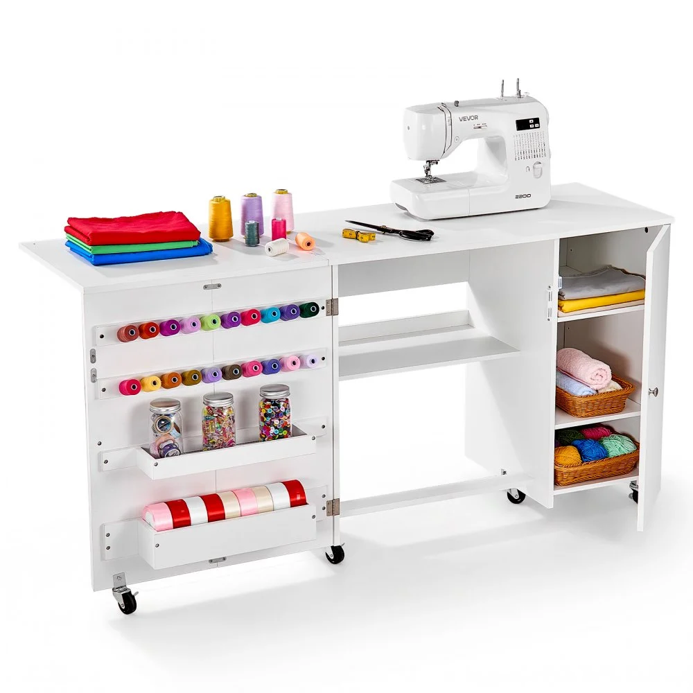 VEVOR Folding Sewing Table, Multipurpose Sewing Machine Table with Cabinet, Compact Design, Wheels, Wooden Pegs, Storage Trays and Shelf, Magnetic Door, Craft Station and Side Desk for Home, White