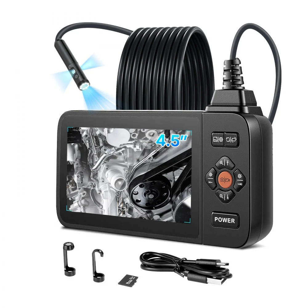 VEVOR Triple Lens Endoscope with Light, 4.5" HD IPS Screen Industrial Borescope Camera, 8 + 2 Lights, 8X Zoom, IP67 Waterproof Inspection Snake Camera for Automotive, Plumbing (16.4FT Rigid Cable)