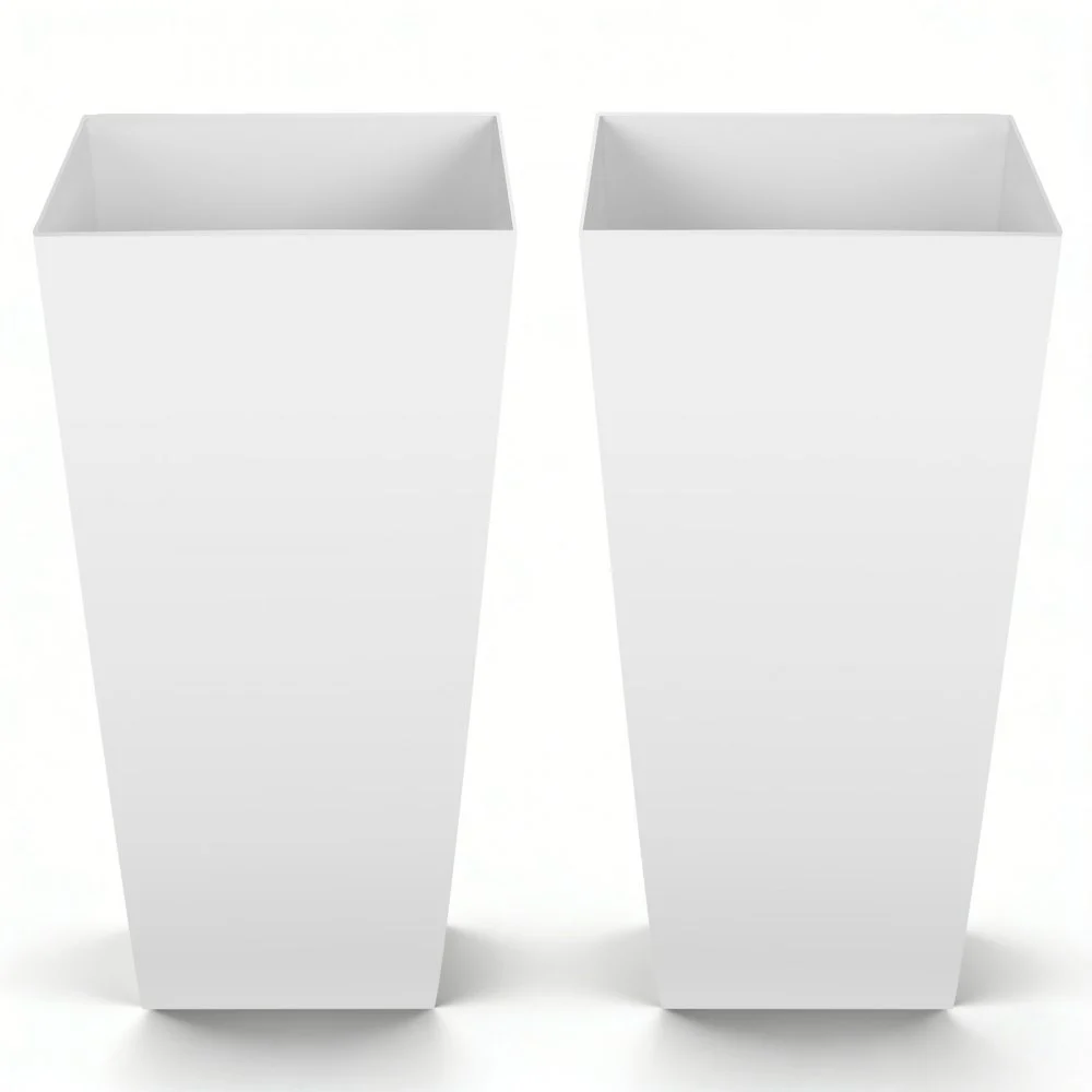 VEVOR Tall Planters Set of 2, 26 Inch Large Outdoor Taper Planters for Outdoor Indoor Plants, Front Porch Plastic Modern Flower Pots with Casters, Inner Pot & Drainage Holes for Patio, Garden, White