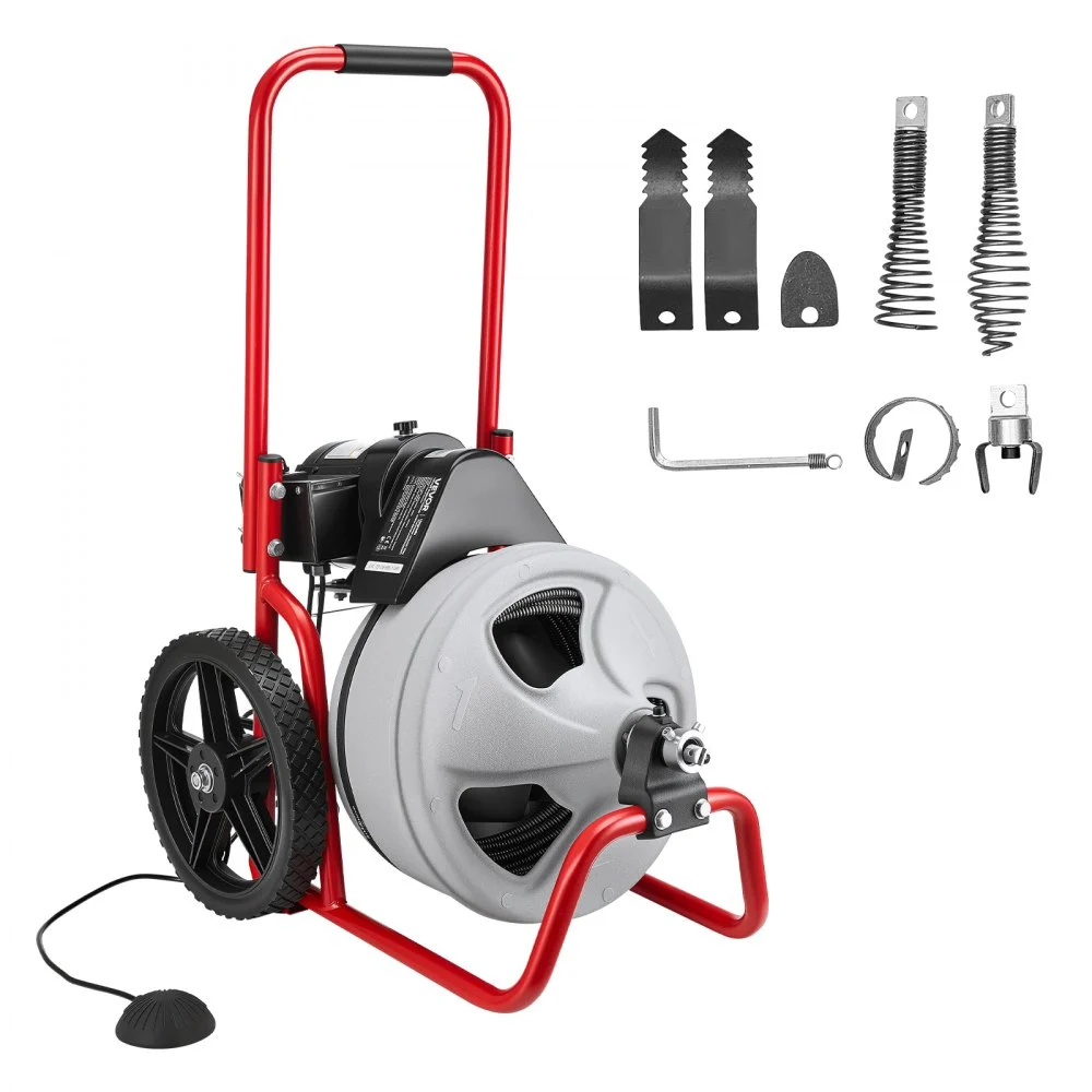 Summer Sale
VEVOR Drain Cleaner Machine 75 FT x 3/8 Inch, Sewer Snake Auger Manual Feed on Wheels, Portable Drain Cleaning Machine with 6 Cutters & Air-activated Foot Switch for 2" to 4" Pipes