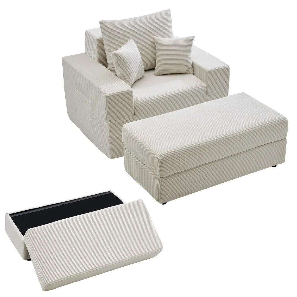 VEVOR Chaise Lounge Chair, 44 in Boneless Modular Chaise Lounge Indoor, Oversized Corduroy Reading Chair with Throw Pillows & Armrests, Deep Seat Sofa Couch Sleeper for Living Room, Bedroom, Beige