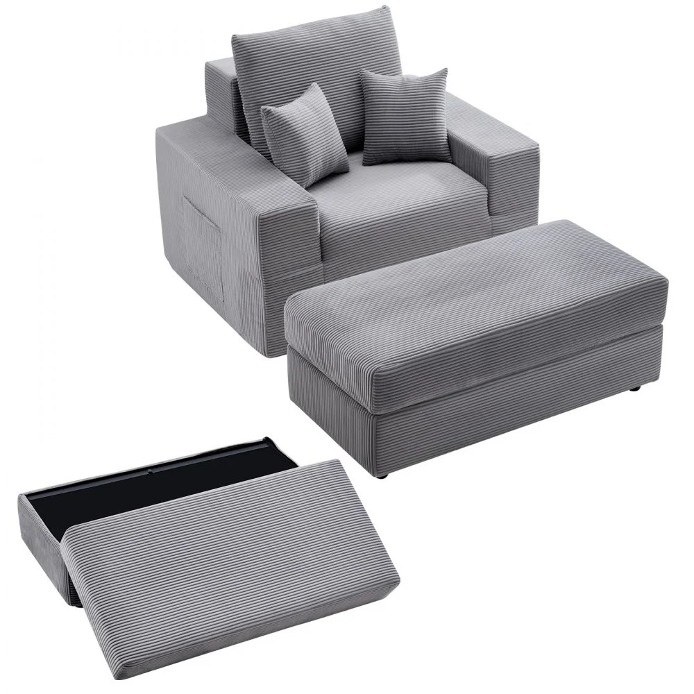 VEVOR Chaise Lounge Chair, 44 in Boneless Modular Chaise Lounge Indoor, Oversized Corduroy Reading Chair with Throw Pillows & Armrests, Deep Seat Sofa Couch Sleeper for Living Room, Bedroom, Grey