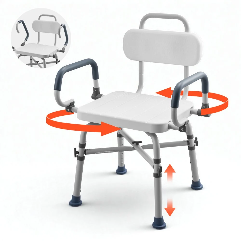 VEVOR Swivel Shower Chair with Arms and Back, 500 lbs Heavy Duty Bench Seat for Inside Shower Stall and Bathtub, Height Adjustable Bathroom Bath Tub Seat for Adults, Seniors, Elderly and Disabled