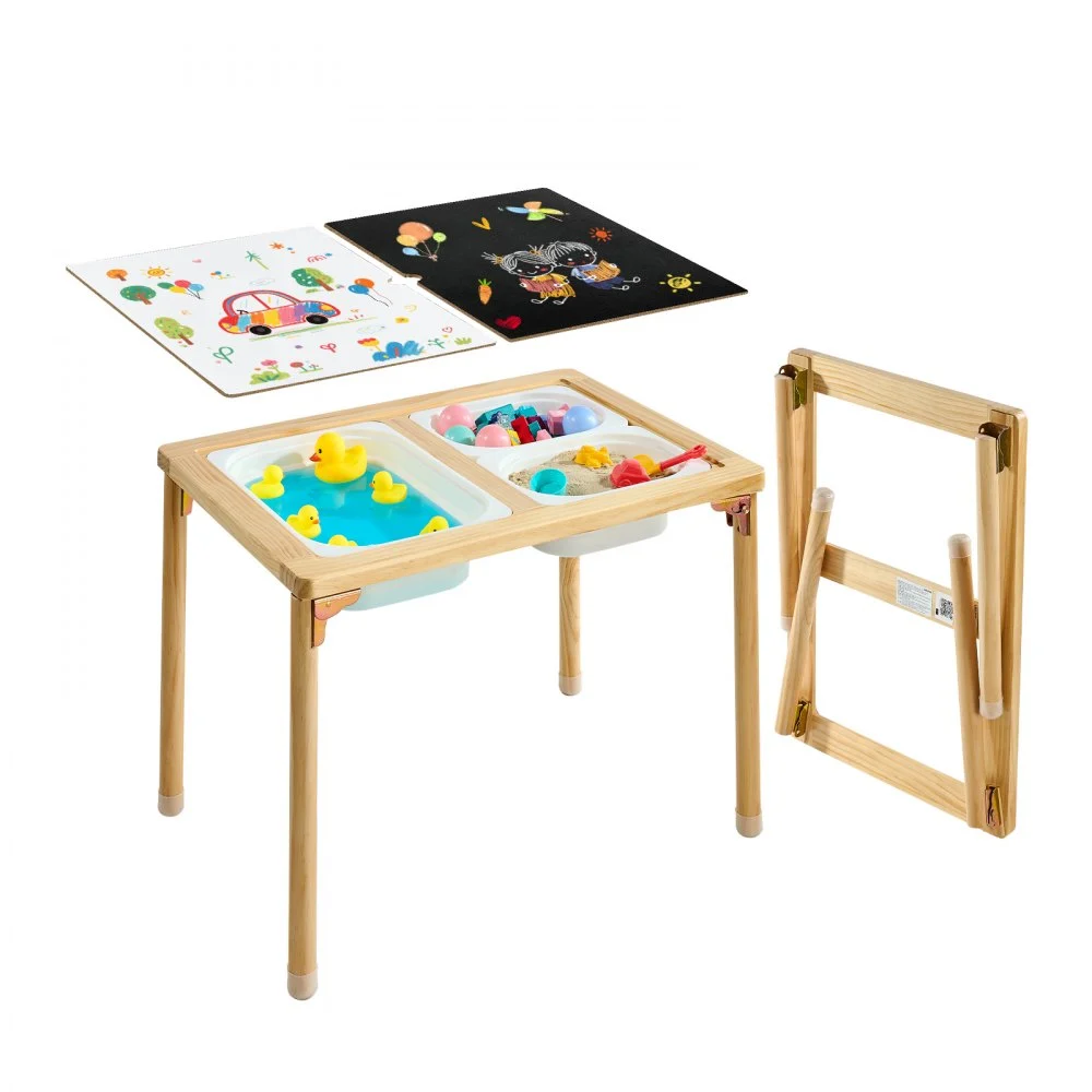 VEVOR Sensory Table for Toddlers, Foldable Wooden Kids Activity Table with Double-Sided Board, Storage Bins, and Non-Slip Feet, for Boys and Girls Playing Sand and Water, Drawing, Studying, Dining