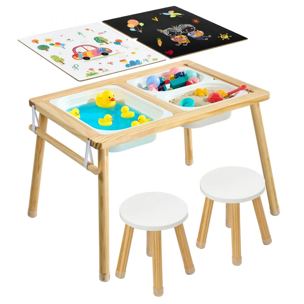 VEVOR Sensory Table for Toddlers, Wooden Kids Activity Table with 2 Stools, Double-Sided Board, Storage Bins, and Non-Slip Feet, for Boys and Girls Playing Sand and Water, Drawing, Studying, Dining