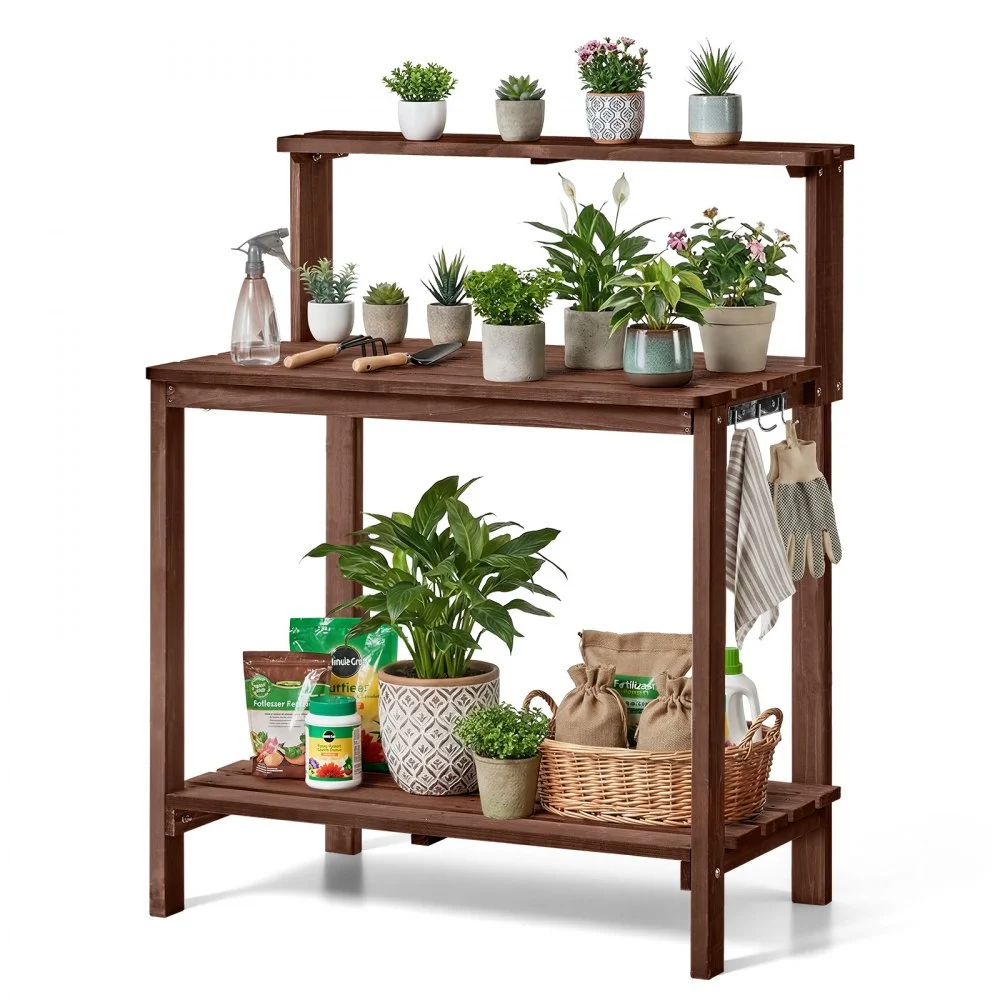 VEVOR Potting Bench Table, Outdoor Gardening Workstation with 36 x 20 in Wood Tabletop, Garden Planting Work Station with Storage Shelves, Hook for Outside Patio, Backyard, Brown