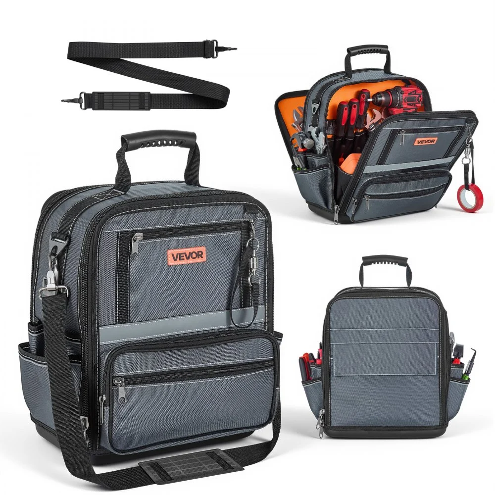 VEVOR Tool Bag, 13.2 Inch, 34-Pocket Portable Large Tool Box Organizer Storage, Carry Toolbox with Hard Plastic Base, Large Zipper, Adjustable Shoulder Strap, for Men Women Dad Husband Fathers Day