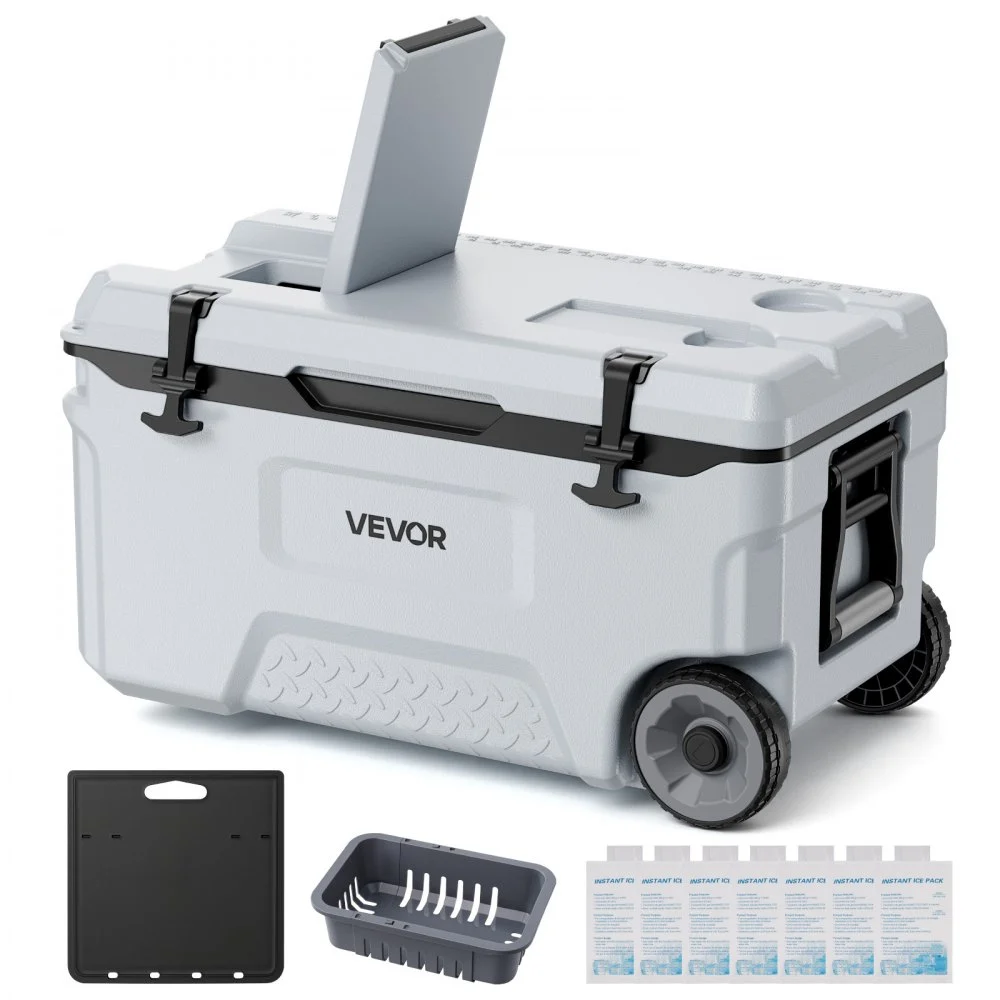 VEVOR Hard Cooler, 52QT Portable Rolling Cooler with Wheels, Leak-Resistant Coolbox Keeps Contents Cool for 48 Hours, Ice Retention Insulated Chests, Ultra-Light for Outdoor Picnics, Grill, Camping