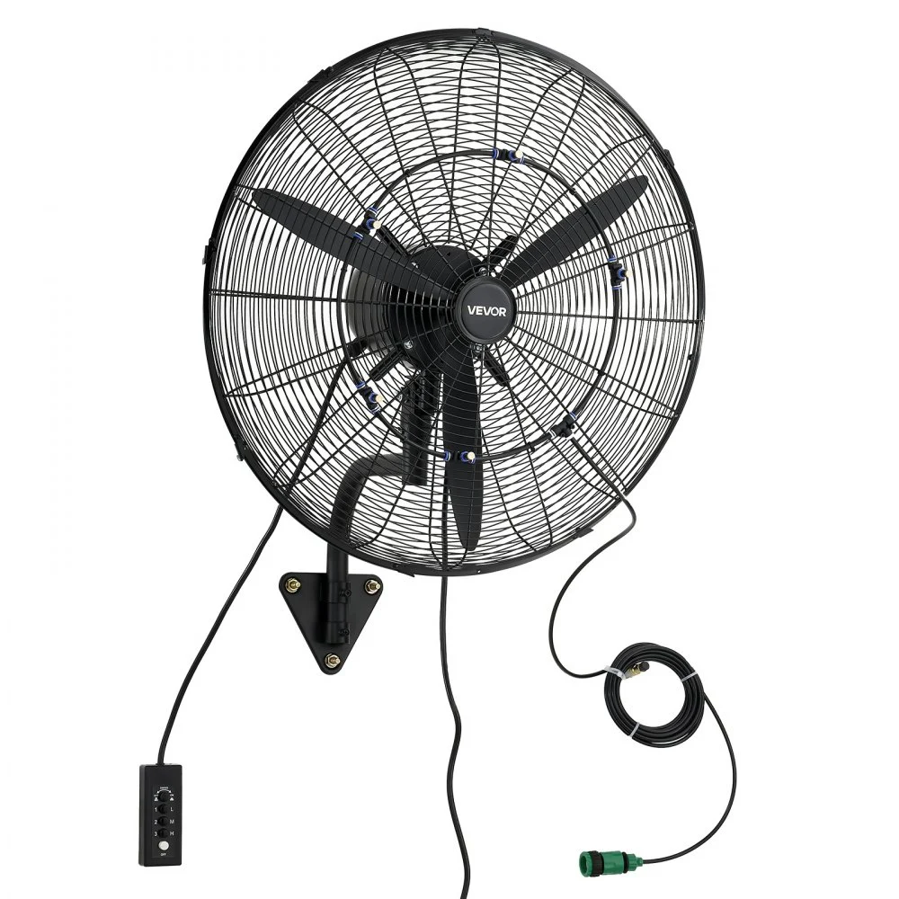 VEVOR Wall Mount Fan, 24 in Wall Mounted Hanging Fan with Oscillating & Mist, IP44-rated, 3-Speed, Powerful Air Reach, Mechanical Control, Long Airflow for Industry, Commercial, Garage, Workshop