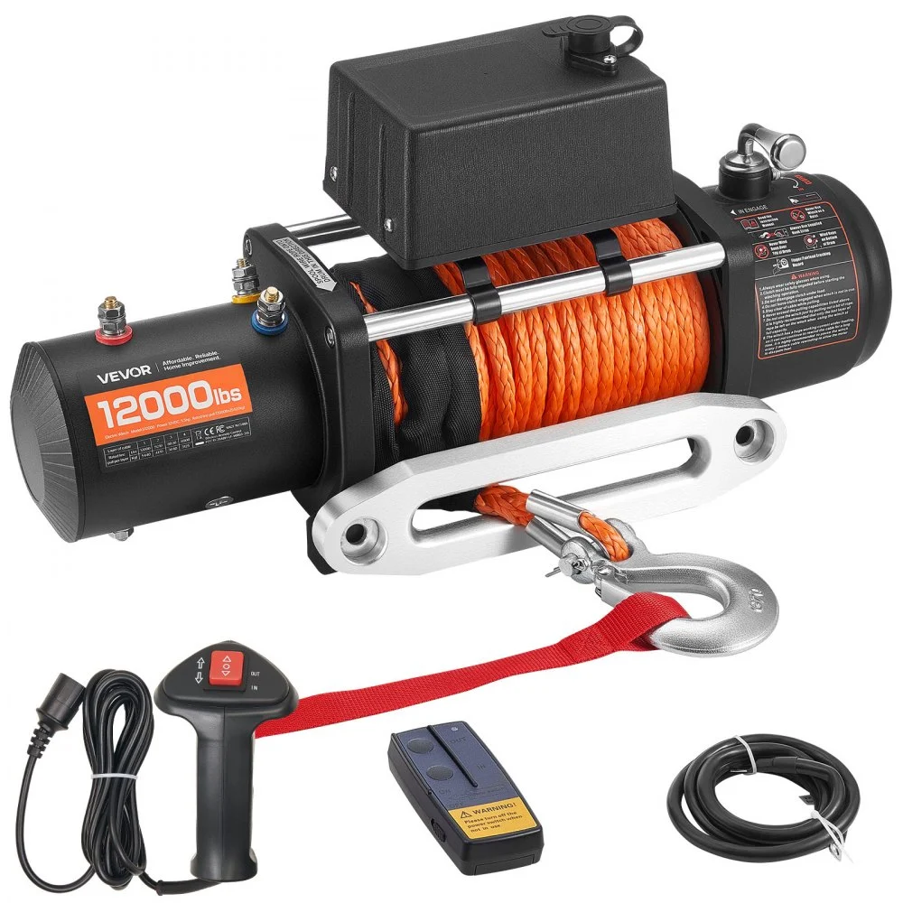 VEVOR Electric Winch, 12000 lbs Load Capacity, 12V DC Truck Winch with Φ0.36 in x 75.5 ft Synthetic Rope, Wireless & Wired Remote Control, IP55 Waterproof for Towing Off-Road SUV Jeep Trailer Boat