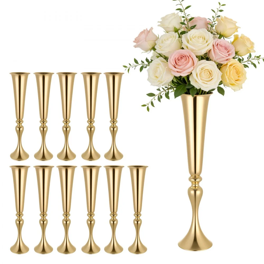 VEVOR 12 PCS Wedding Flower Vase, 21.7 in Tall Trumpet Flower Table Centerpieces, Banquet Vases Easy Installation, Electroplated Versatile Arrangement Stand for Party Events Home Decor Reception, Gold