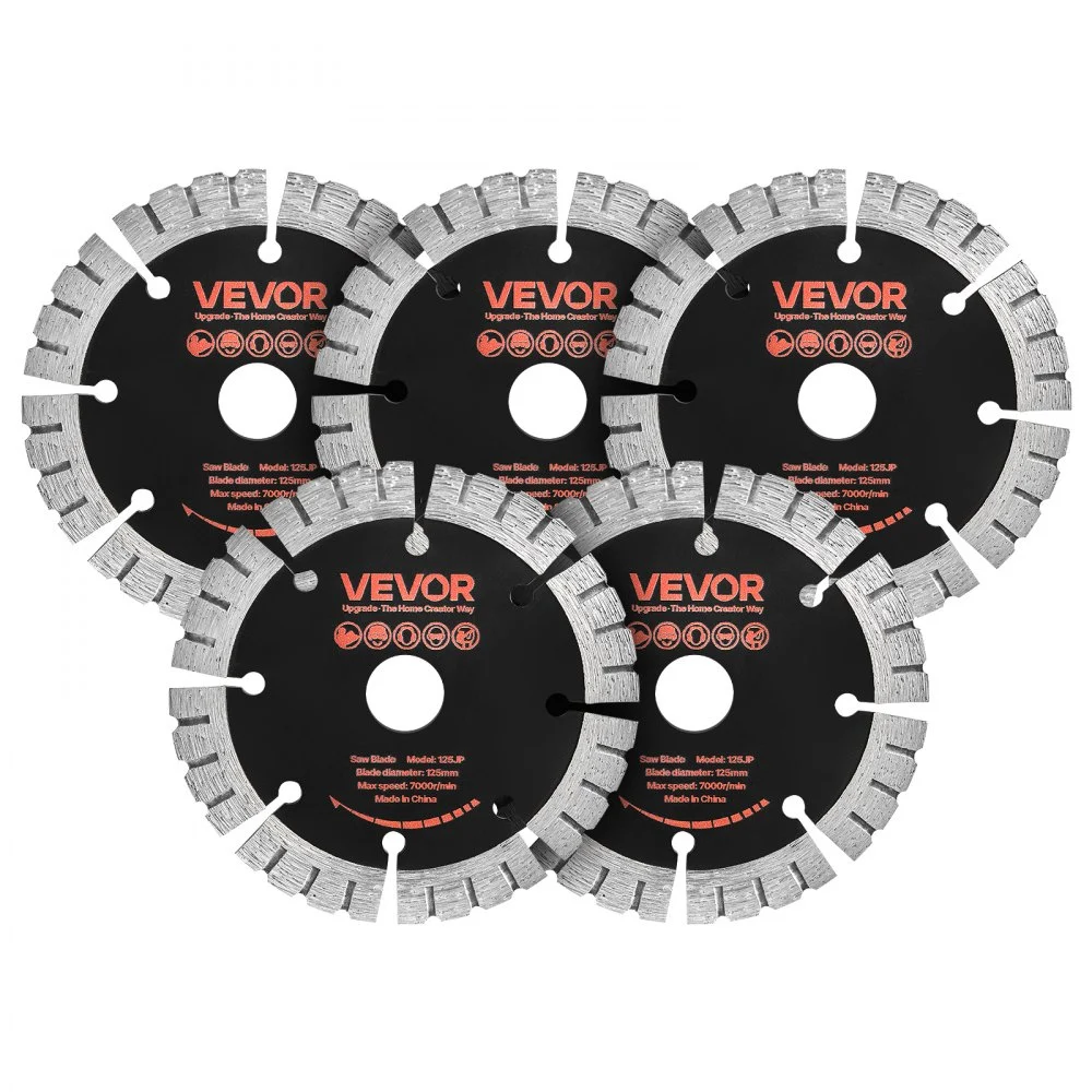 VEVOR Diamond Blades 5 inch, 5-Pack Wall Chaser Saw Blade Cutting Blade, 0.79 in Arbor, High-Hardness Diamond Segments, 65Mn Steel Core, Dry Wet Cutting, Clean Edges for Concrete Brick Stone Cement