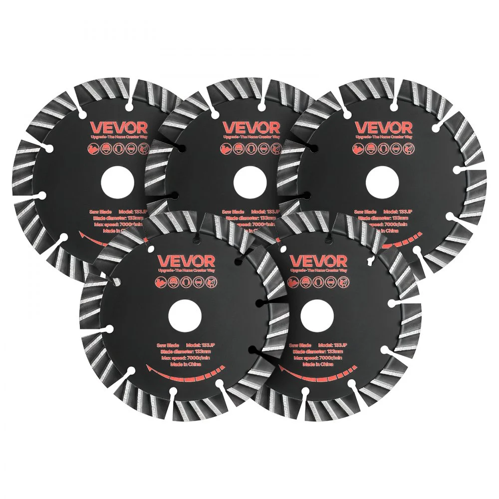 VEVOR Diamond Blades 5.24 inch, 5-Pack Wall Chaser Saw Blade Cutting Blade, 0.79 in Arbor, High-Hardness Diamond Segments, 65Mn Steel Core, Dry Wet Cutting, Clean Edges for Concrete Brick Stone Cement