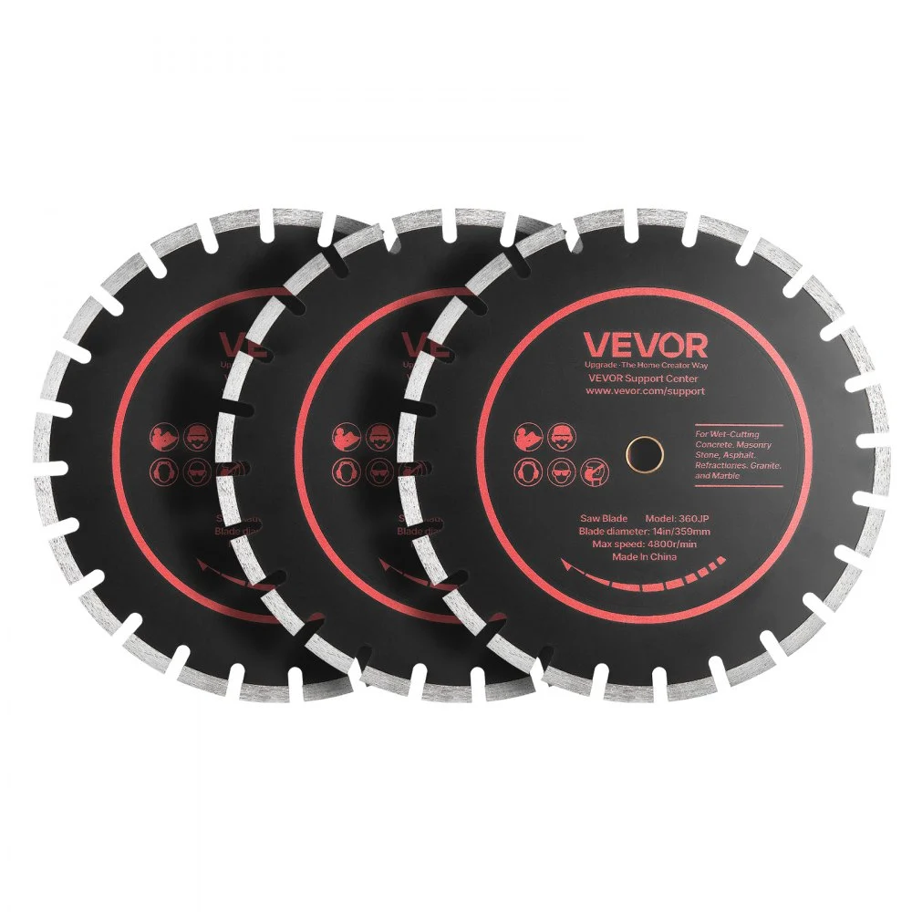 VEVOR Diamond Blades 14 inch, 3-Pack Concrete Saw Blade Set, 1 in Arbor, High-Hardness Diamond Segments, 65Mn Steel Core, Dry Wet Cutting, Clean Edges for Concrete, Masonry, Brick, Stone, Granite