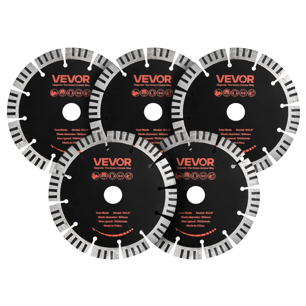 VEVOR Diamond Blades 6.3 inch, 5-Pack Wall Chaser Saw Blade Cutting Blade, 0.87 in Arbor, High-Hardness Diamond Segments, 65Mn Steel Core, Dry Wet Cutting, Clean Edges for Concrete Brick Stone Cement
